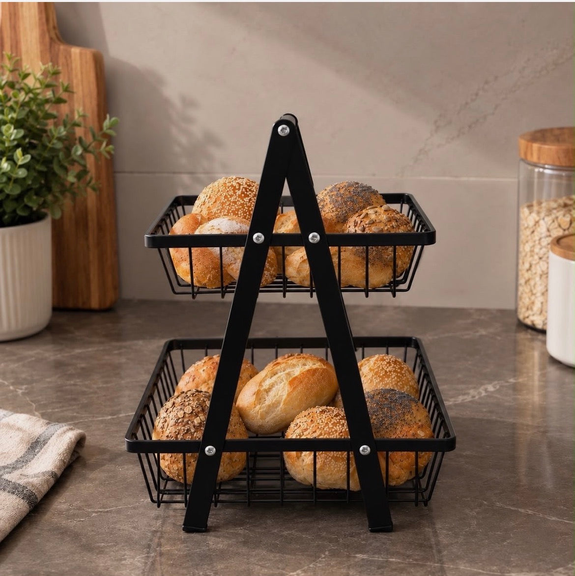 2-Etagere schwarz Metall Obstkorb Servierständer Obstschale Dekoschale Gemüse Brotkorb