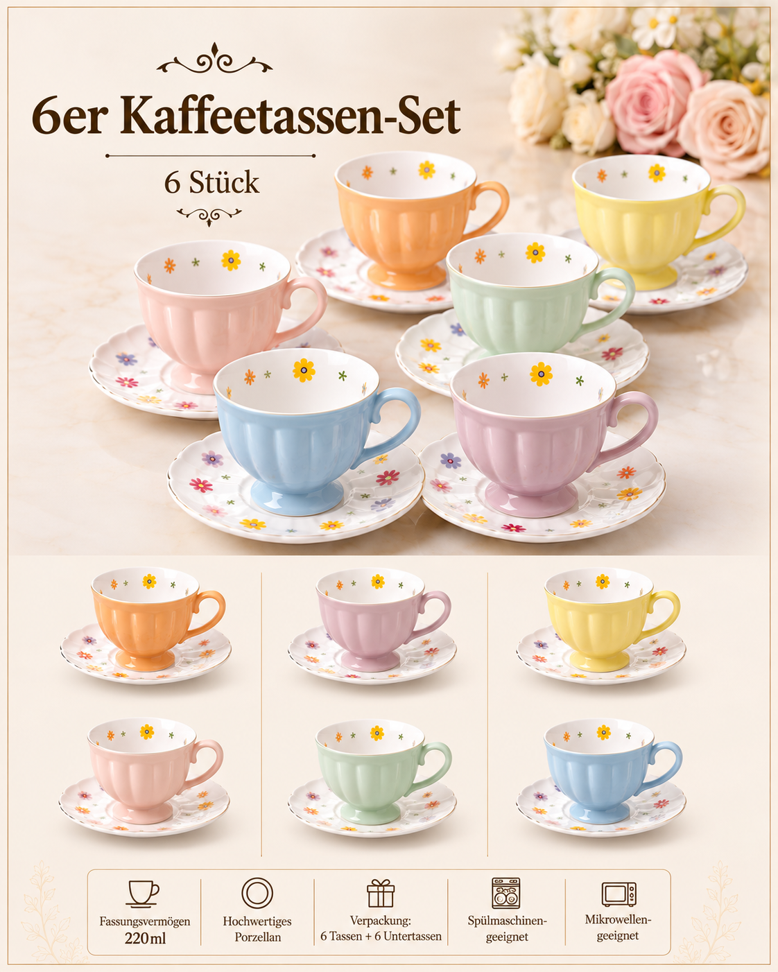 12tlg Kaffee Cappuccino Karaouia Tassen groß Flower