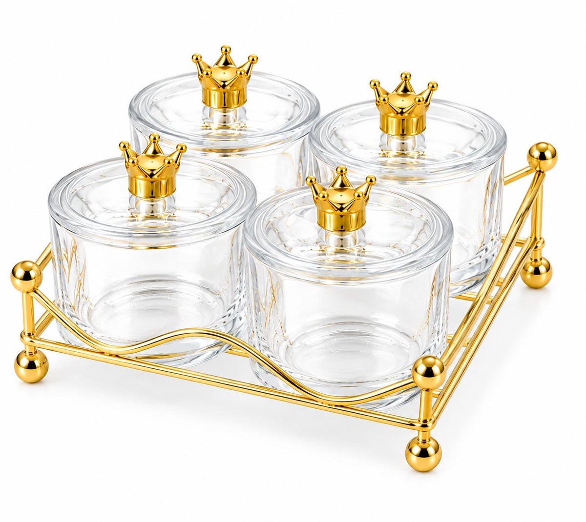 5tlg Snackschale aus Glas mit Kunststoff Deckel mit Gestell Gold-Silber