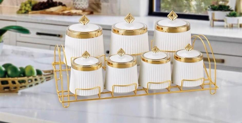 Keramik Gewürzbehälter Set Gewürzdosen Aufbewahrungsdosen mit Stand in gold/ Silber