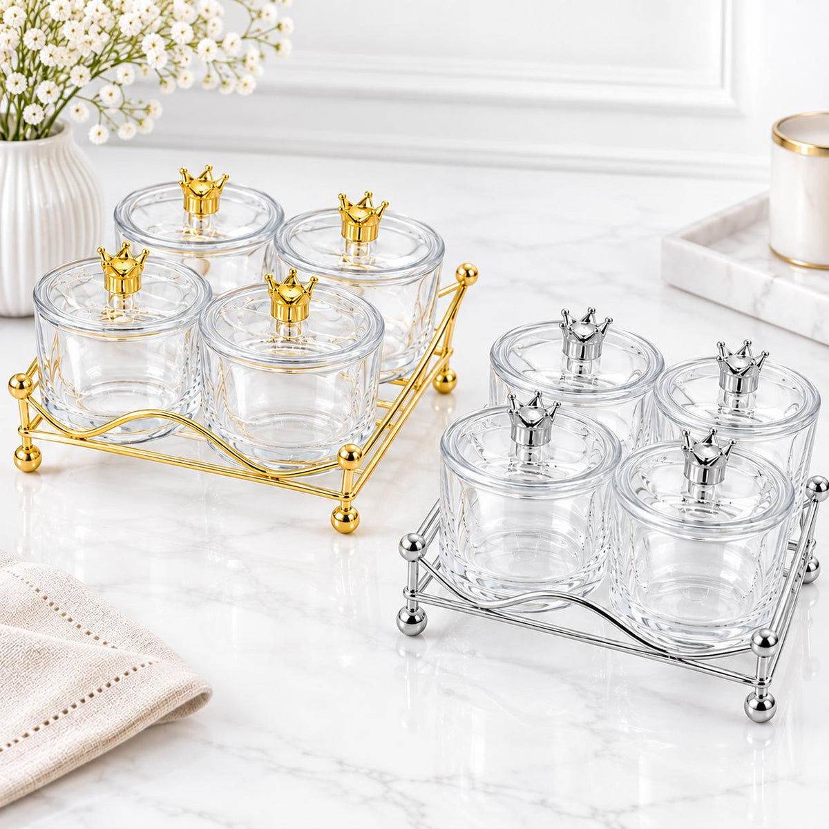 5tlg Snackschale aus Glas mit Kunststoff Deckel mit Gestell Gold-Silber