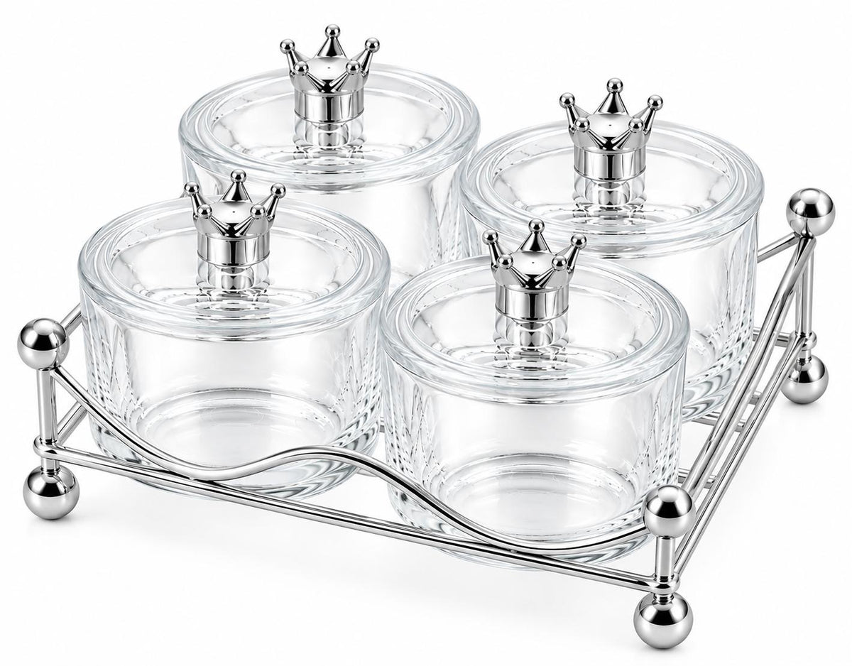 5tlg Snackschale aus Glas mit Kunststoff Deckel mit Gestell Gold-Silber