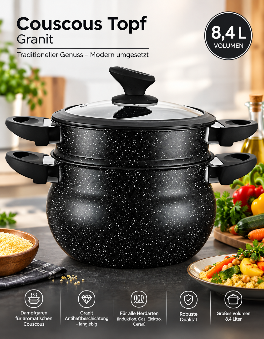 Couscous Topf Couscoussiere Kuskus Dampfgarer Kochtopf Induktion Granit  8,4L