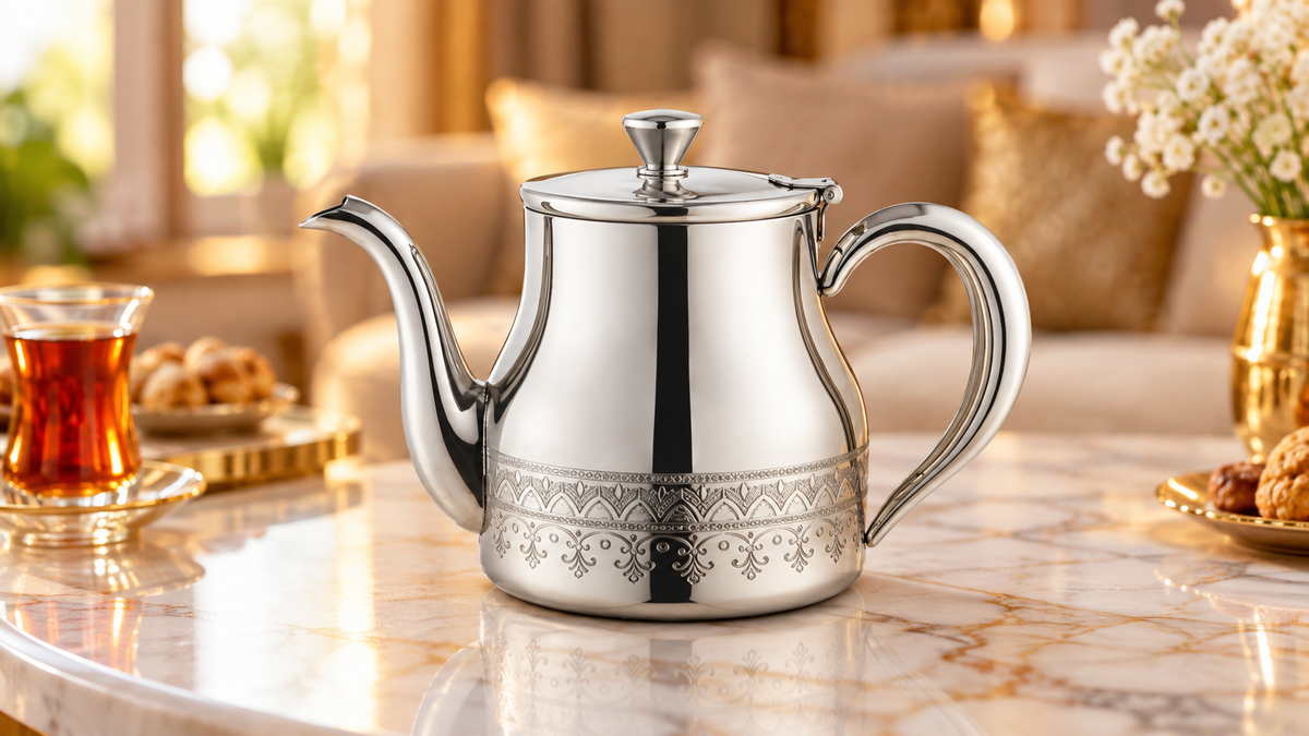 Marokkanische Teekanne mit Induktion orientalisch Tee Kanne Edelstahl silber 900ml
