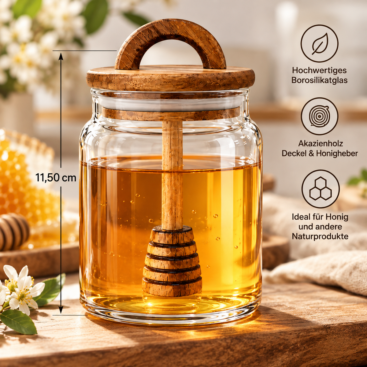 Honigtopf aus Glas mit Holzlöffel