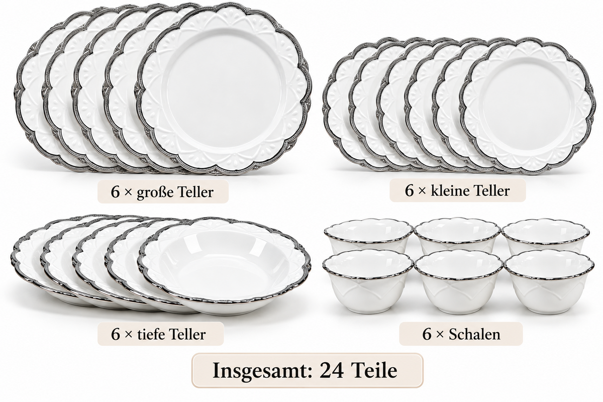 Porzellan Service set Silber Geschirr Teller Tafelservice 6pers 24Tlg