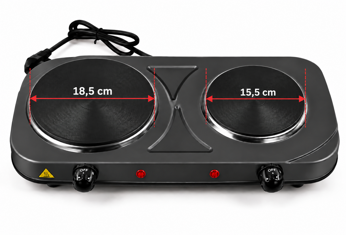 Kompakte elektrische Doppel-Kochplatte, Ø 15,5 und 18,5 cm, 2.500 Watt Elektrisch