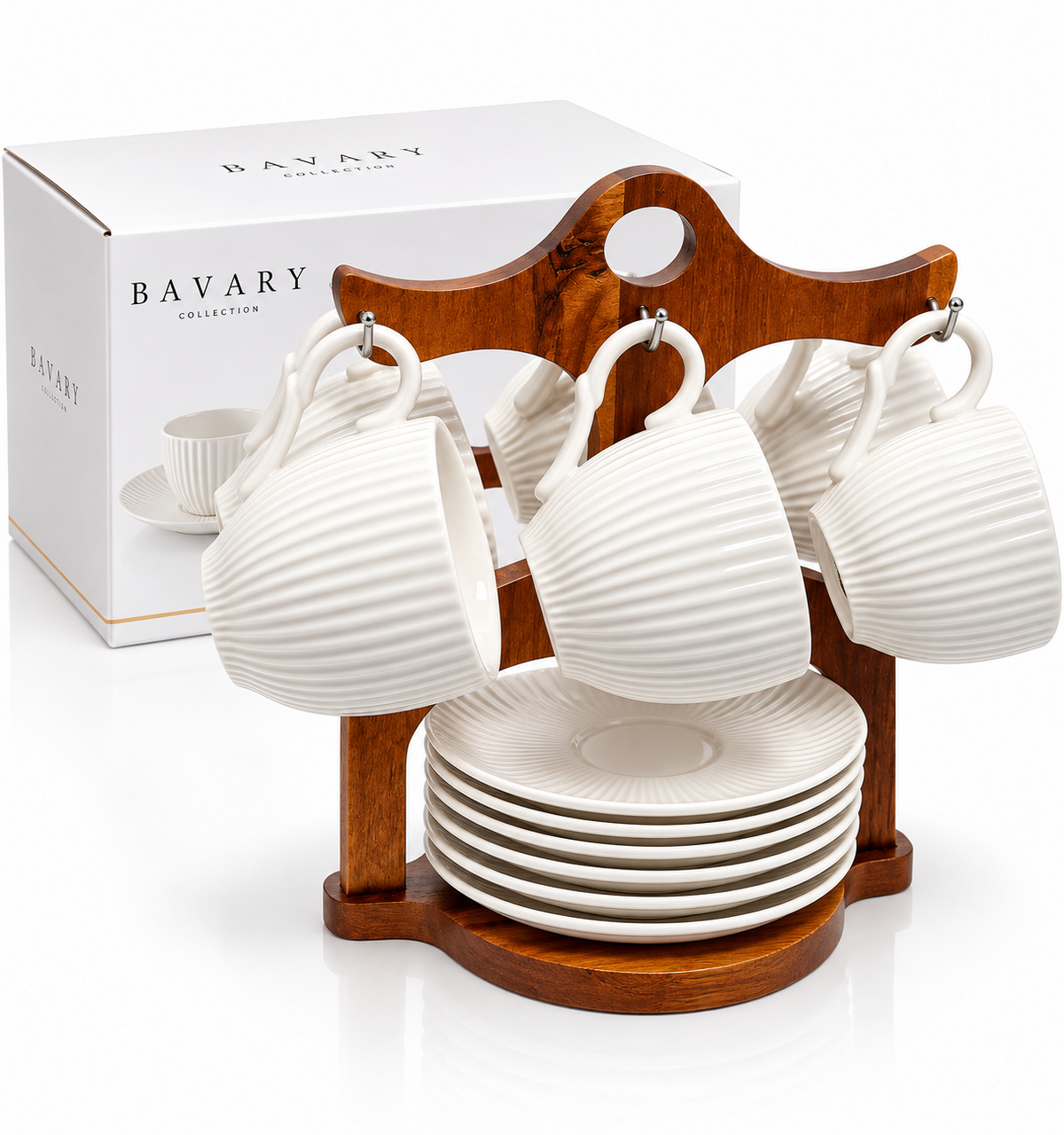 Kaffee service 12-Tlg mit Untertassen aus Porzellan mit Stand Akazienholz  Stand 6pers