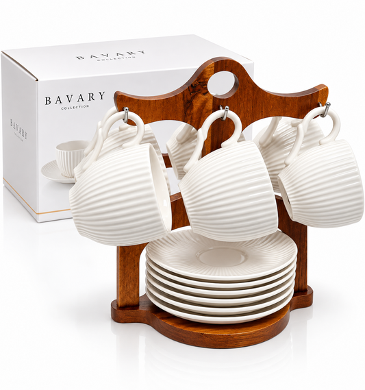 Kaffee service 12-Tlg mit Untertassen aus Porzellan mit Stand Akazienholz  Stand 6pers