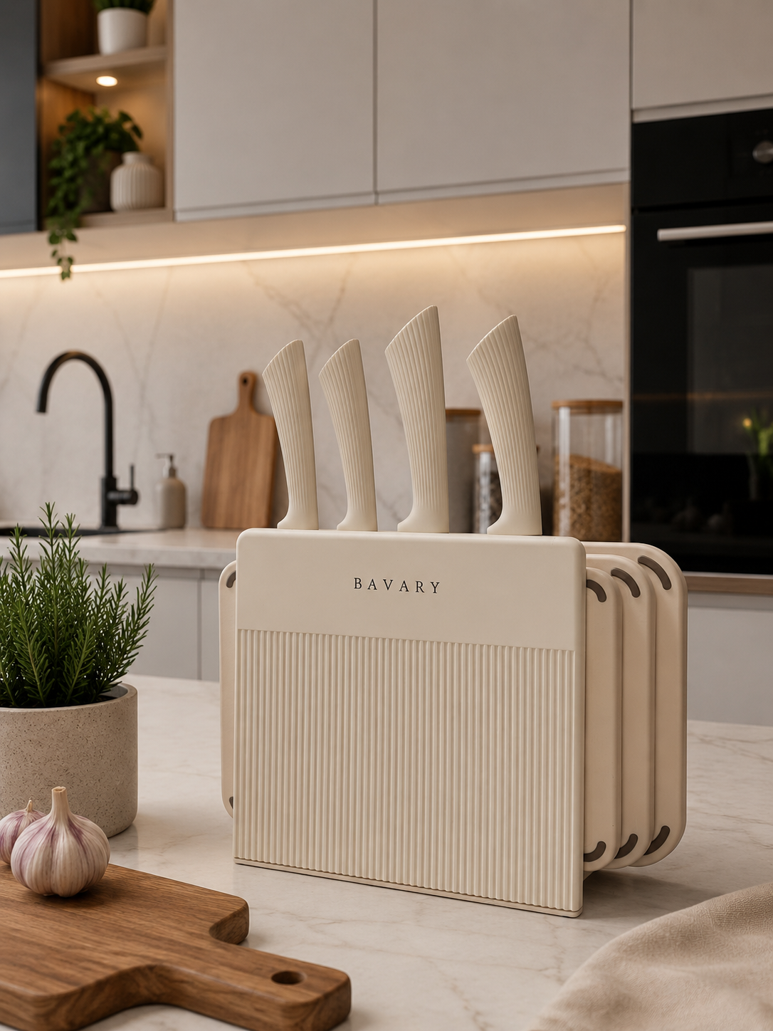 4tlg Küchenmesser im Block mit 3tlg Schneidebrett-Set beige