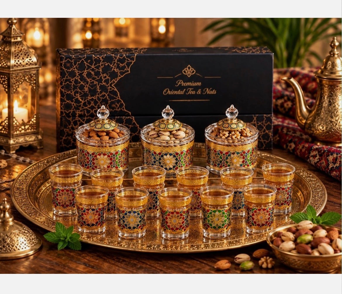 12 Teegläser zalija mit 3 glas Snack Schalen