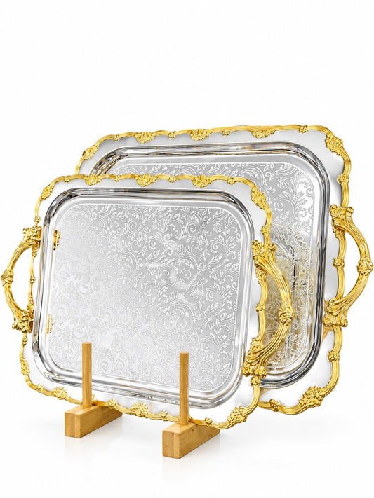 Serviertablett Frühstück Tablett 2-tlg Edelstahl silber Gold