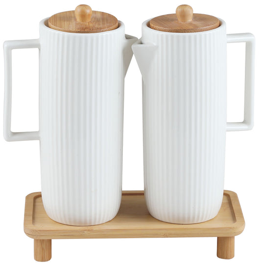Essig Öl Flaschen Set aus Porzellan mit holztablett